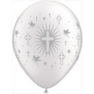 Cross & Doves 28cm Pearl White with Silver Printed Balloon 