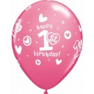 1st Birthday Girl Rose Pink Printed Latex Balloon 