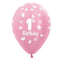 1st Birthday Girl Pearl Pink Printed Latex Balloon 