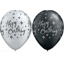 Happy Birthday Elegant Sparkles & Swirls Black & Silver 11"/28cm Latex Balloon